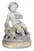 A Marble Centre Piece Of A Young Girl, holding a chalice, resting on a tree next to a grape vine