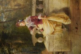 Kate Grey 19th century young woman sitting on a balustrade on the edge of a woodland, clutching a