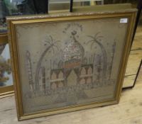 A vintage needlework panel in coloured wools and metal threads depicting the Taj Mahal India