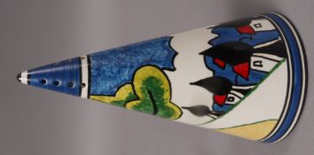 A Wedgwood conical sugar sifter based on an original design by Clarice Cliff, decorated with May