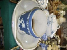 An Adams blue jasper ware planter, a mother of pearl lustre shell shaped bowl, quantity of blue