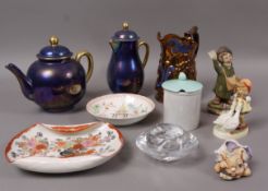 A Carlton blue lustre teapot and hot water jug, copper lustre jug, Royal Copenhagen tea light