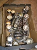 A quantity of silver plated ware including galleried tray, three light two branch candelabra,