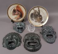 A pair of decorative plates printed with Durer prints of rabbit and squirrel together with four wall