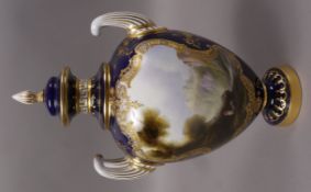 A Royal Worcester two handled vase and cover, of ovoid outline painted with figures in a valley