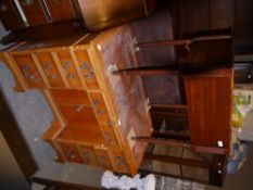 A pale yew wood kneehole desk together with a mahogany finished side table with two drawers