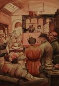 Shirley Stopford-Taylor (1935-2017) Saleroom interior, the auctioneer selling to a busy room, pen