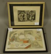 Shirley Stopford-Taylor, lithograph in colour, of Shirley and fellow pupils drinking tea in a