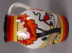 A Wedgwood lotus jug after an original design by Clarice Cliff, decorated with House and Bridge