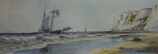 Thomas Sidney, Beachy Head, sailing vessel running aground onto sandy shore, watercolour, signed