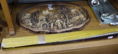 A large Chinese fan with bamboo sticks and an oval resin relief plaque (repaired)