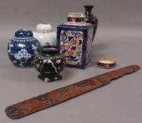 Two items of Chinese cloisonne ware, Chinese ginger jar and cover, Imari square vase and cover (
