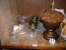 A wood effect resin oak leaf and acorn table lamp on circular base, together with cut glass pedestal