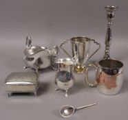 Items of silver plate including, candlestick, sauce boat, trophy cup, mug, casket and cream jug