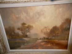 20th century English school, figures on a country lane, oil on board, indistinctly signed to lower