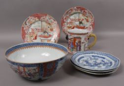An 18th century Chinese famille rose mug and similar together with a similar bowl, blue and white