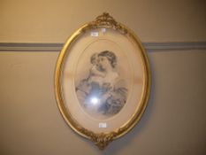 A Victorian pencil sketch of mother and child, signed Pollie Routh Dec 1880 to lower left, oval gilt