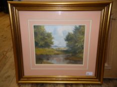 Lewis Creighton 20th century, stream and fields beyond, oil on board, signed to lower right, 24cm