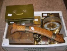 A cash box, various wooden boxes, mantel clocks and decorative dagger, hearth brasses etc