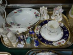 Two cottage pastille burners, a pair of reproduction spaniel figures, five miniature faux Chelsea