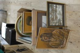 A box of pastel works by Shirley Stopford-Taylor, portraits, landscapes, figurative work etc