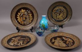 A turquoise and white glass vase, studio glass basket and vase and a set of four Denby ware