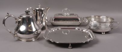 A quantity of silver plate including a rectangular entree dish and cover with gadroon rims and