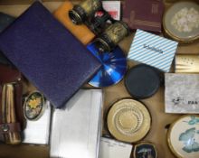 Compacts, cigarette cases, horn handled knife, a pair of opera glasses, lighters and an end of