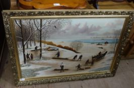 20th century school winter landscape with woodcutters, oil on board, titled verso and signed
