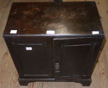 A 19th century two field panel door cabinet with side carrying handles, the interior fitted with a