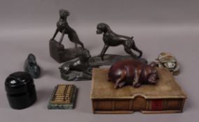 Various animal figures including boxer dogs (3), scarab beetle, bird, and a box mounted with a
