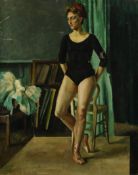 Shirley Stopford-Taylor (1935-2017) Portrait of a ballerina, standing beside a chair, in leotard and