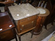 A Continental mahogany and walnut marble top bedside cabinet with gilt metal mounts