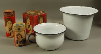 A white enamel pail and chamber pot and various reproduction boxes and tins