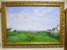 M T LAFORGE, SUMMER SEASCAPE, with cottage and lighthouse looking out to yachts in the bay, signed