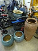 THREE GLAZED GARDEN PLANTERS, and a large terracotta planter (4)