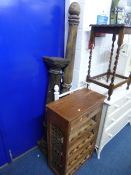 A ROSEWOOD BED POST, another post and an hardwood wine rack (3)