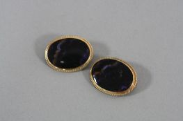 MODERN BROOCHES, a pair of 9ct gold Blue John brooches, oval cabochon cut Blue John stones measuring