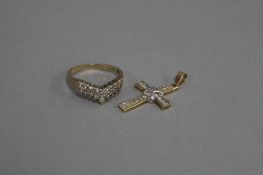 A 9CT DIAMOND CLUSTER WISHBONE RING, ring size L, together with a 9ct diamond cross