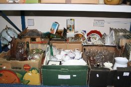 FIVE BOXES OF PRESSED GLASS, TEAWARES, PLATES, VASES, etc, and two modern table lamps (7)