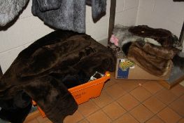 TWO BOXES OF FUR STOLES, PURSES, HANDBAGS, VARIOUS COATS, etc