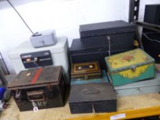 NINE VARIOUS DEED BOXES/TINS, and a Sentry safe (four keys)