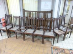 EIGHT WALNUT FRAMED ART NOUVEAU STYLE DINING CHAIRS, (sd, in need of some restoration) and a pair of