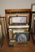 PAINTINGS AND PRINTS, a box of pictures and loose including a watercolour of a Barn Owl, signed