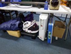 A QUANTITY OF MISCELLANEOUS HOUSEHOLD ITEMS, to include Tefal iron, trouser press, printer, two