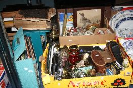 TWO BOXES AND LOOSE SUNDRIES, to include binoculars, pictures, records, oil lamp, cameras, Holy