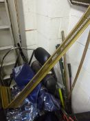 A QUANTITY OF GARDEN TOOLS, brass fender, etc