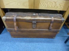 A LARGE TRAVELLING TRUNK, wood and metal bound, approximate size width 94cm x depth 55cm x height