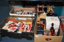 THREE BOXES AND BOTTLE RACK OF SPIRITS, WINES, 'FHM' MAGAZINES, etc