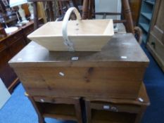 A WOODEN CHEST, with decoupage interior and a trug (2)
